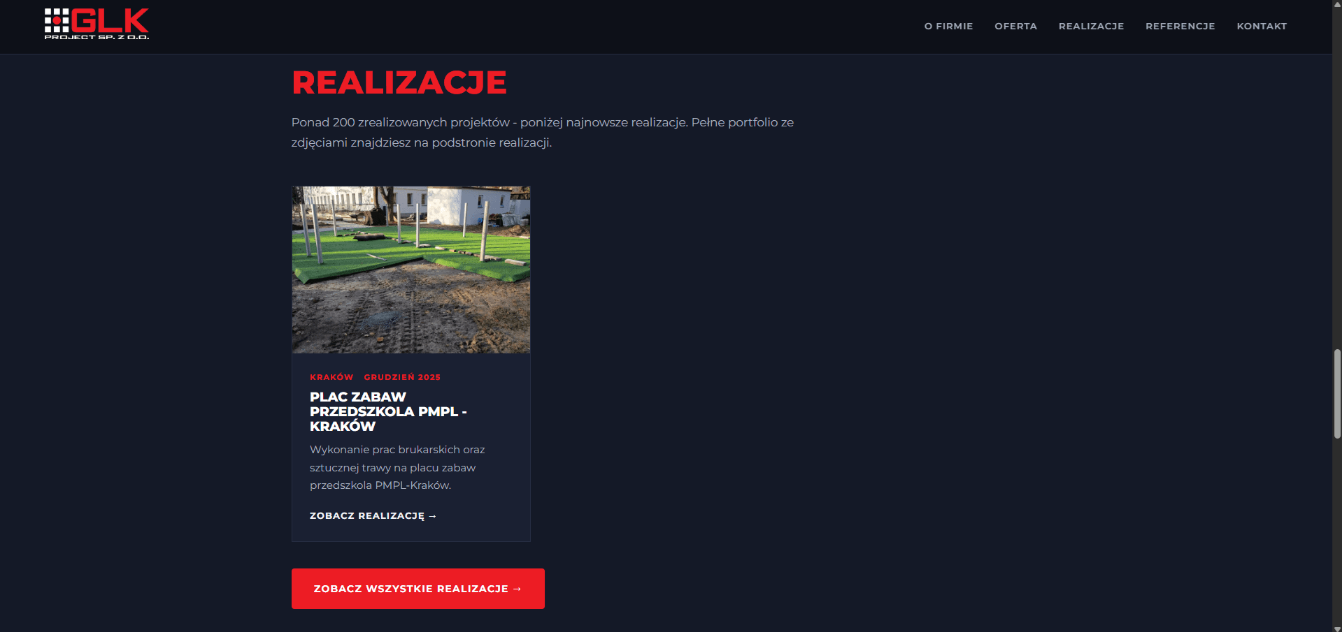 The projects section on glkproject.pl - a project card with a site photo, location, date and short description, plus a button leading to the full portfolio.