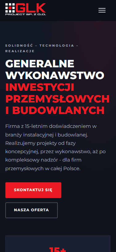 The mobile view of glkproject.pl - the same hero with the navigation collapsed into a hamburger button.
